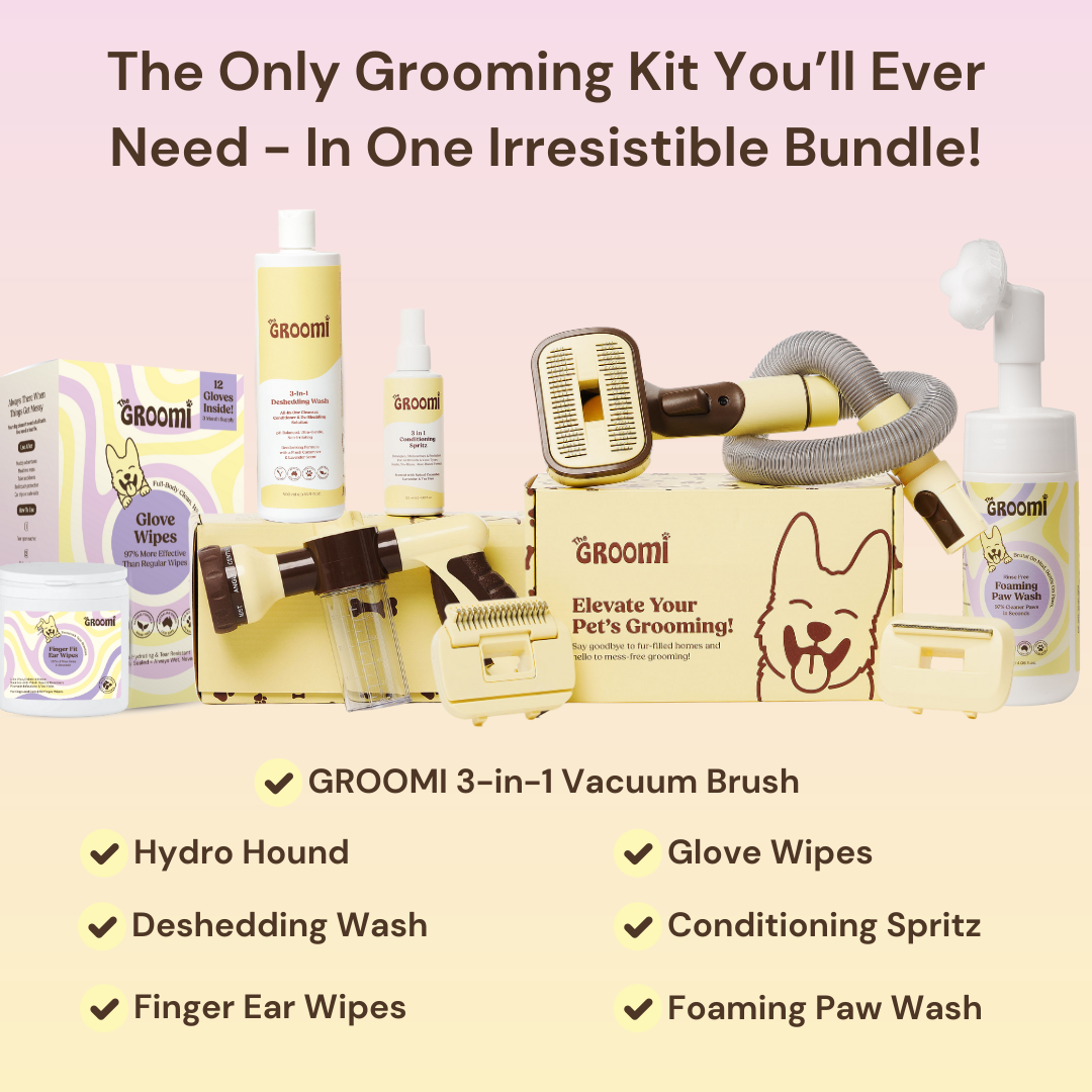 THE GROOMI: Ultimate GROOMI Bundle — 3-in-1 vacuum pet brush kit, Hydro Hound sprayer, deshedding wash, conditioning spritz; mess-free at-home grooming; removes loose fur and dirt; self-cleaning; fits vacuums up to 45mm; for short, medium, long coats; fast easy; saves time and money.