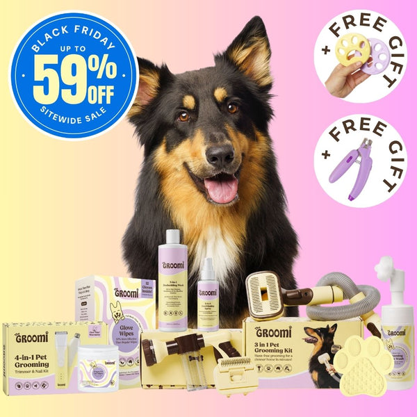 The Ultimate GROOMI Bundle: Vacuum Pet Brush, Hydro Hound Dog Wash Kit, Deshedding Wash, Conditioning Spritz, Glove Wipes, Foaming Paw Wash, Finger Fit Ear Wipes, 4-In-1 Pet Trimmer and Lick Mat. The complete at-home dog grooming kit to brush, bath, wipe, trim and calm, all in one.