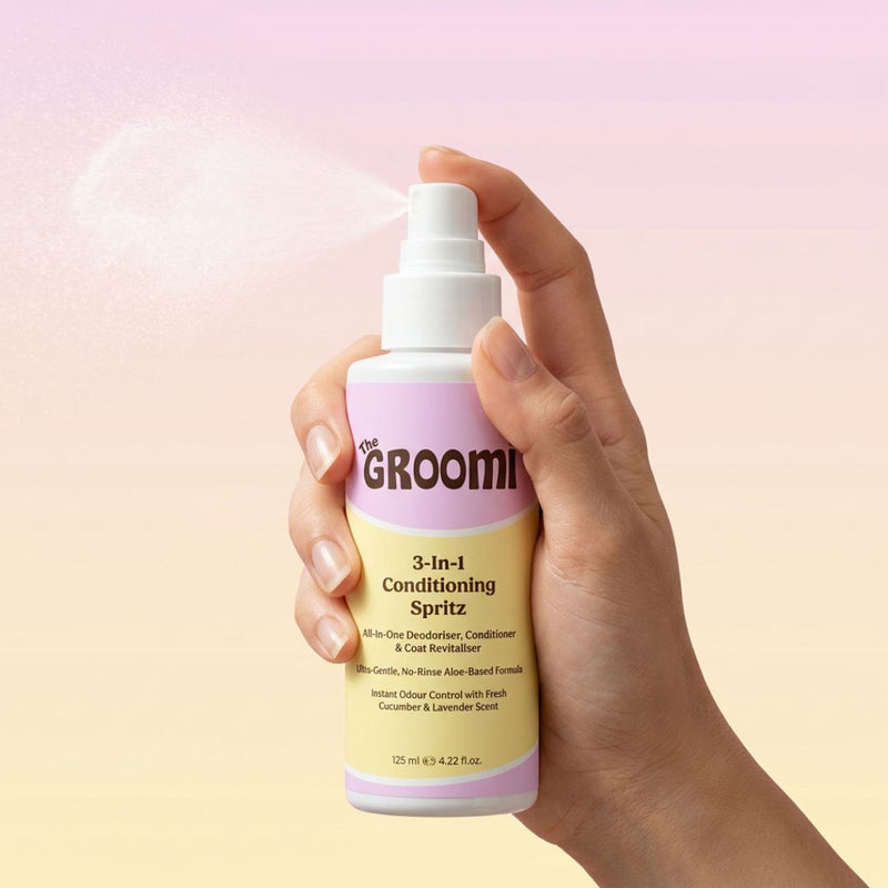THE GROOMI: 3-in-1 Conditioning Spritz — leave-in pet conditioning spray, detangles, deodorizes, hydrates, reduces static, adds shine, quick freshen-up between baths, hypoallergenic, gentle daily use, safe for dogs & cats, grooming finisher, fresh scent.