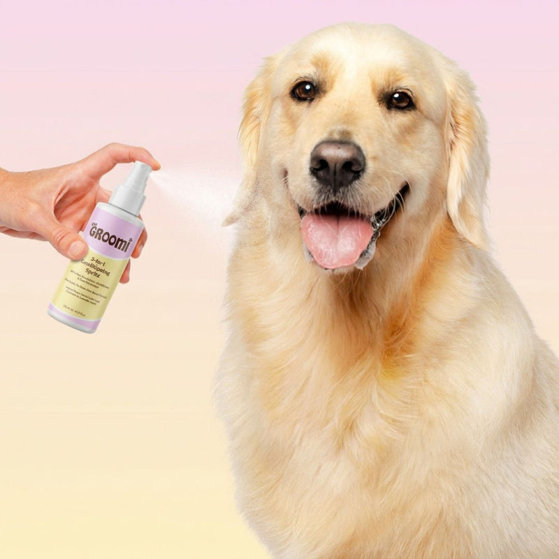 THE GROOMI: 3-in-1 Conditioning Spritz — leave-in pet conditioning spray, detangles, deodorizes, hydrates, reduces static, adds shine, quick freshen-up between baths, hypoallergenic, gentle daily use, safe for dogs & cats, grooming finisher, fresh scent.