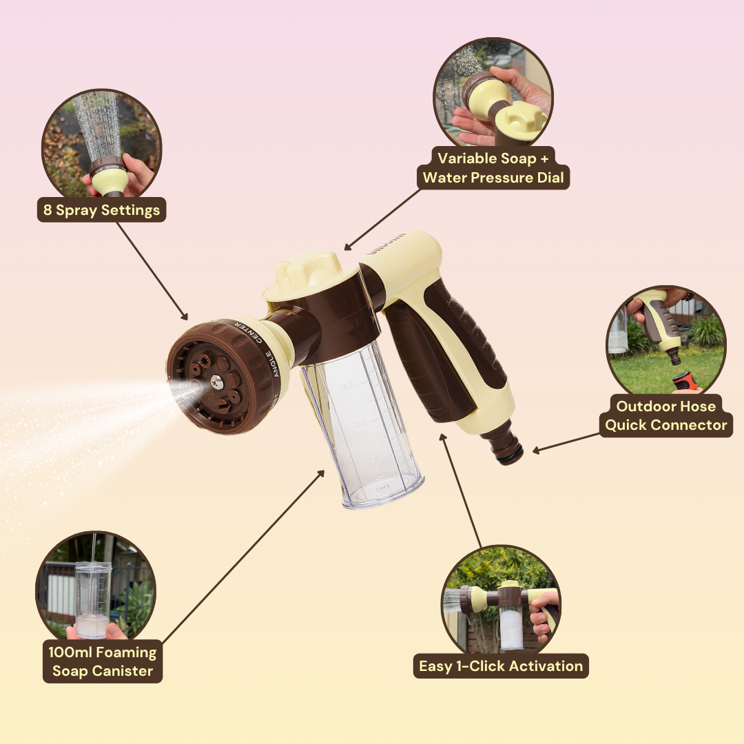 THE GROOMI: Hydro Hound — dog wash hose sprayer with foaming soap bottle, attaches to garden tap, adjustable spray, fast deep clean, removes mud and loose fur, mess-free bath, all breeds, at-home grooming, durable leak-proof fittings, saves time and water.
