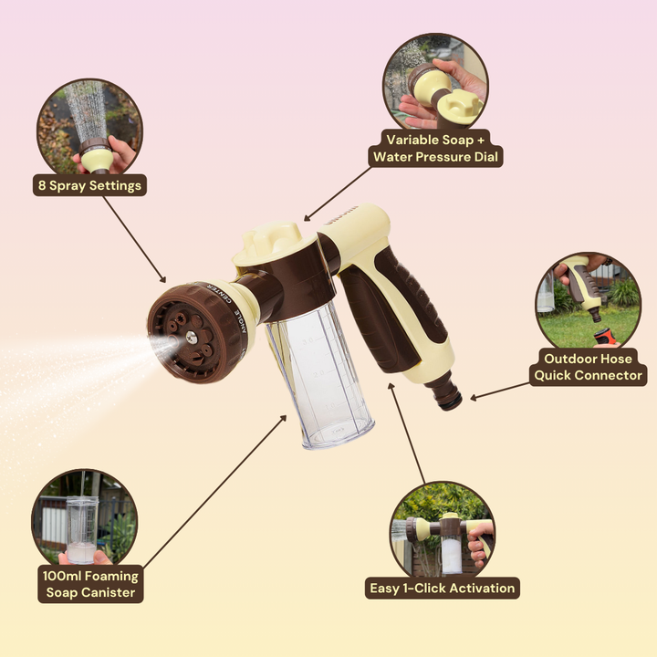 THE GROOMI: Hydro Hound — dog wash hose sprayer with foaming soap bottle, attaches to garden tap, adjustable spray, fast deep clean, removes mud and loose fur, mess-free bath, all breeds, at-home grooming, durable leak-proof fittings, saves time and water.