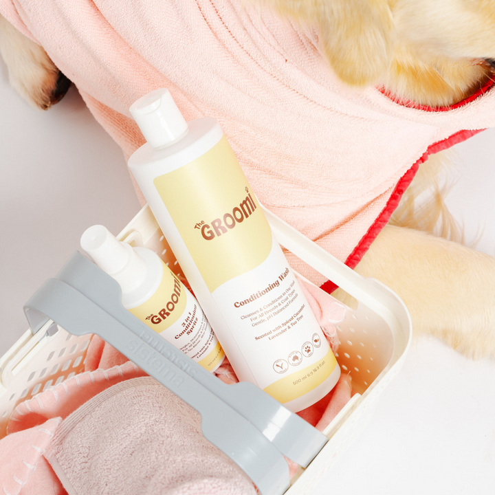 GROOMI Bath Bundle for dogs – the all-in-one dog wash kit with Hydro Hound sprayer, Deshedding Wash, 3-in-1 Spritz, and Grooming Gloves. Enjoy easy, mess-free dog baths at home. Perfect for shedding dogs. On sale now with up to 50% off and free shipping across Australia and worldwide.