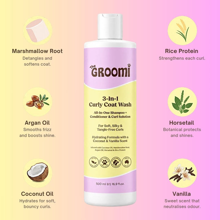 3-In-1 Curly Coat Wash by The GROOMI. All-in-one dog shampoo and conditioner with coconut oil and argan oil that leaves curly coats soft, silky and tangle-free.