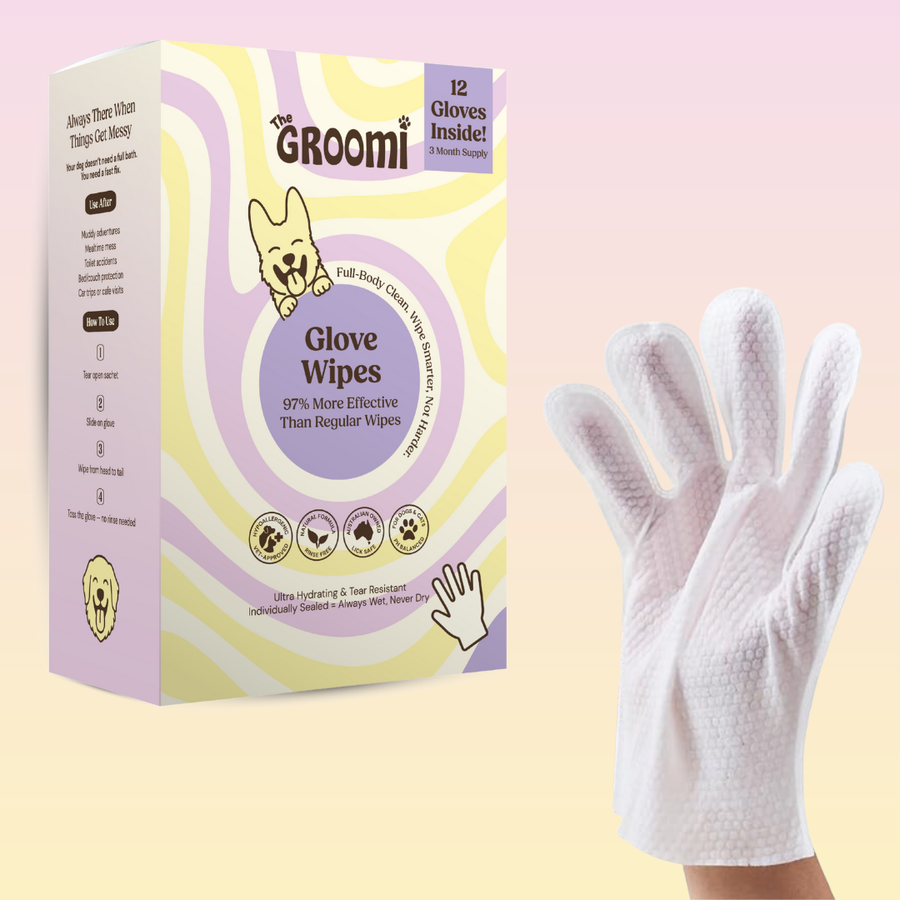 THE GROOMI: Groomi Glove Wipes — glove-shaped pet cleaning wipes, rinse-free full-body clean, removes dirt and odor, durable soft non-tearing, individually sealed, hydrating, hypoallergenic, for dogs & cats, travel friendly, quick cleanup between baths, grooming essentials.