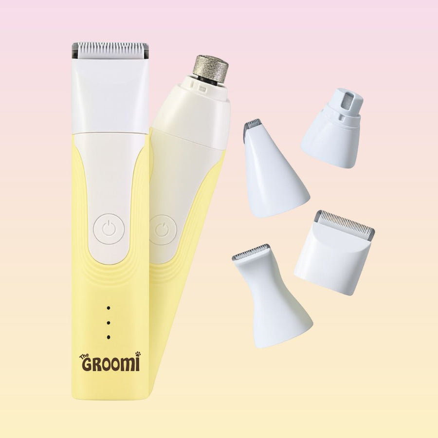 GROOMI 4-in-1 Pet Trimmer & Nail Kit: premium cordless PawSafe grooming tool for dogs and cats with precision heads for paws, body and nails, beginner-friendly design, quiet motor, safe nail guard and stainless-steel ceramic blades for stress-free grooming.