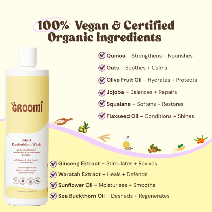 This triple-action deshedding wash cleans, conditions, and reduces shedding in one easy step. Ultra-gentle, non-irritating, pH balanced formula, strengthens, soothes, and reduces shedding at the source.