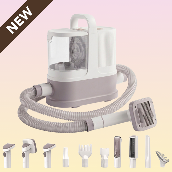 The GROOMI 10-in-1 Pet Grooming System is the complete mess-free grooming kit for dogs and cats — a professional pet grooming vacuum, dryer and clipper in one machine. Brush, de-shed, dry and trim at home while every hair is captured at the source. Ten professional-grade tools including a deshedding tool, slicker brush, undercoat rake, pro clipper with comb guards and three dryer nozzles, powered by a built-in 550W vacuum and 850W warm-air dryer with a quiet 53dB Eco mode. Designed by professional groomers 