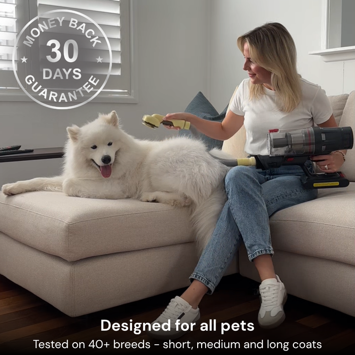 The GROOMI Kit is a quick, mess-free dog grooming brush that connects to vacuums. Ideal for all dog hair types, it features three heads: Slicker, De-Shed, and Rake. This self-cleaning tool captures loose fur efficiently, is allergen-friendly, and perfect for home use. Reduces shedding, saves time, and maintains a clean, fur-free home. Includes a universal vacuum adapter and storage bag, making grooming simple and effective for any dog breed.