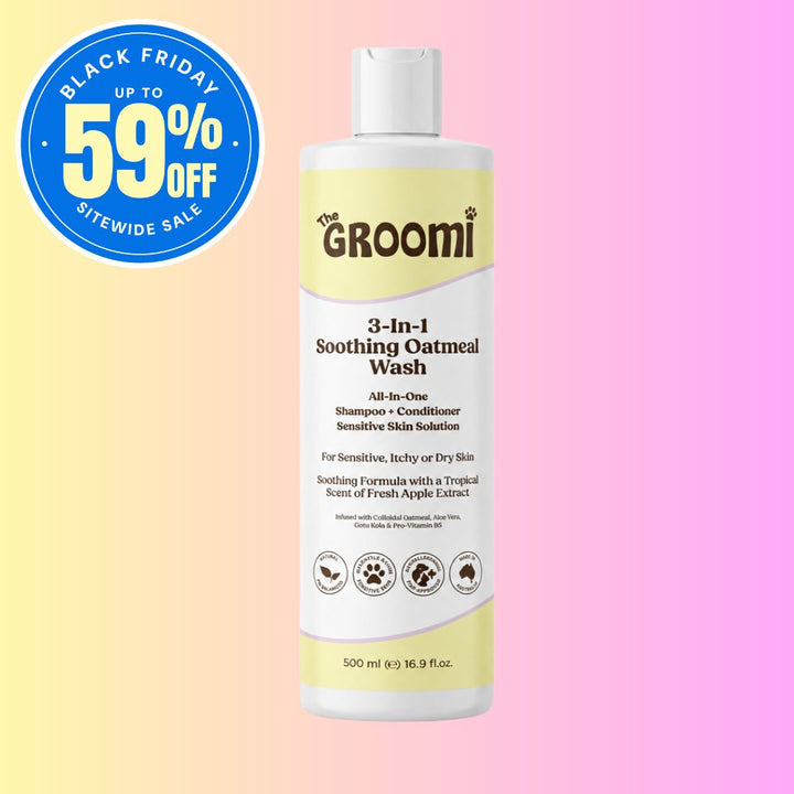 3-In-1 Soothing Oatmeal Wash by The GROOMI. Gentle all-in-one dog shampoo and conditioner with colloidal oatmeal and aloe vera that calms sensitive, itchy or dry skin.