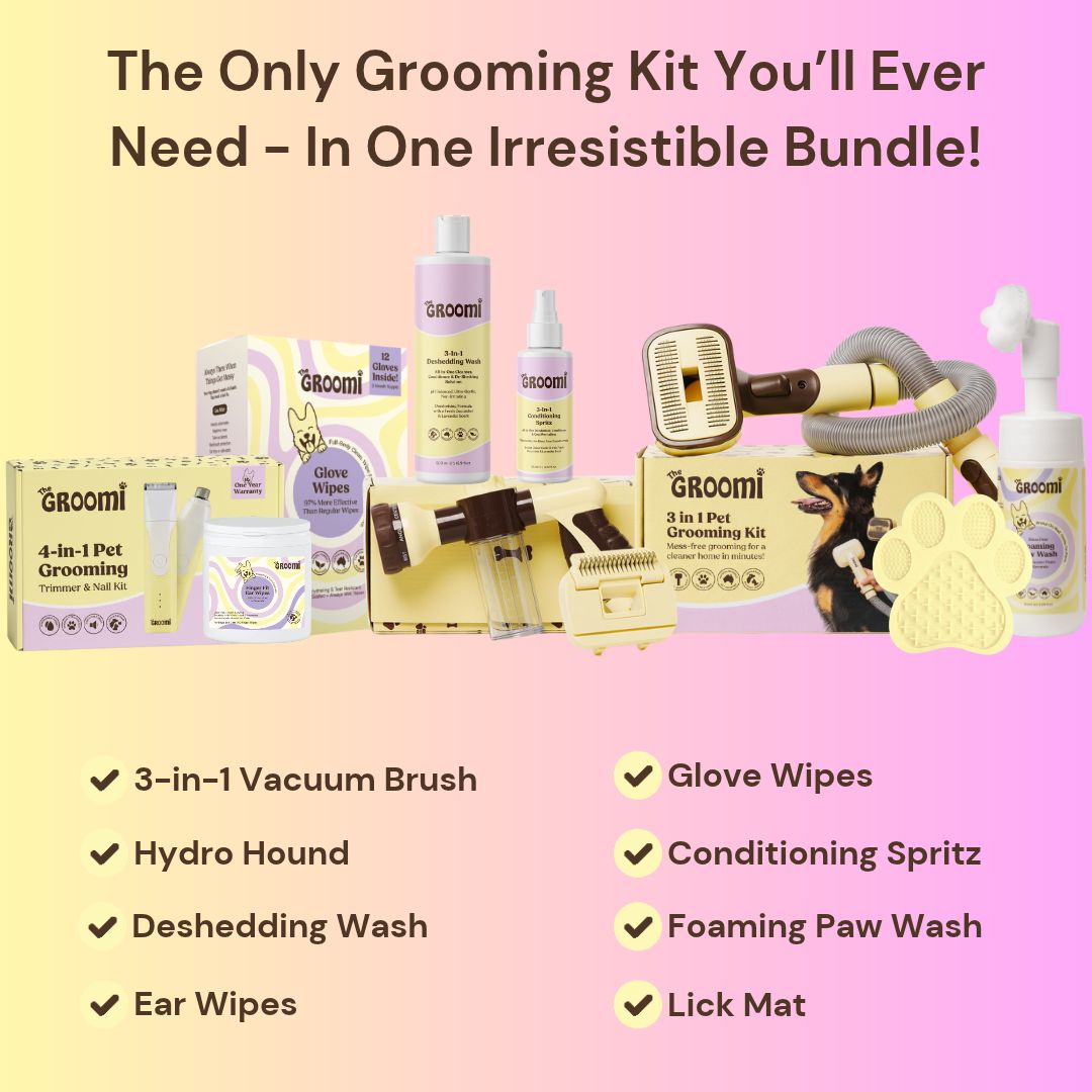 The Ultimate GROOMI Bundle: Vacuum Pet Brush, Hydro Hound Dog Wash Kit, Deshedding Wash, Conditioning Spritz, Glove Wipes, Foaming Paw Wash, Finger Fit Ear Wipes, 4-In-1 Pet Trimmer and Lick Mat. The complete at-home dog grooming kit to brush, bath, wipe, trim and calm, all in one.