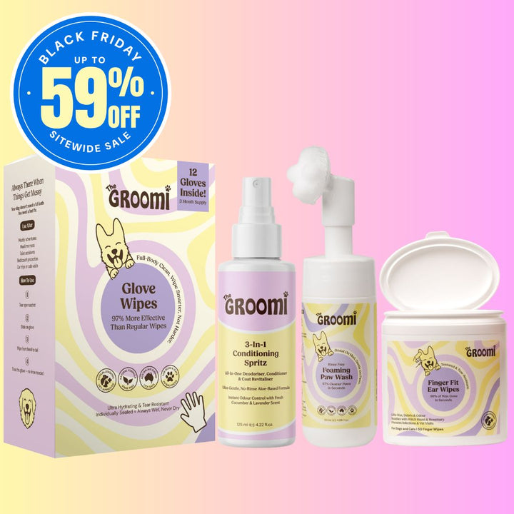 The GROOMI No-Bath Bundle for dogs: Glove Wipes, 3-in-1 Conditioning Spritz, Foaming Paw Wash and Finger Fit Ear Wipes. A waterless dog grooming kit that cleans the coat, paws and ears and leaves fur soft and fresh, with no bath needed. Great for dogs who hate bath time.