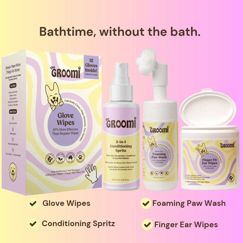 The GROOMI No-Bath Bundle for dogs: Glove Wipes, 3-in-1 Conditioning Spritz, Foaming Paw Wash and Finger Fit Ear Wipes. A waterless dog grooming kit that cleans the coat, paws and ears and leaves fur soft and fresh, with no bath needed. Great for dogs who hate bath time.
