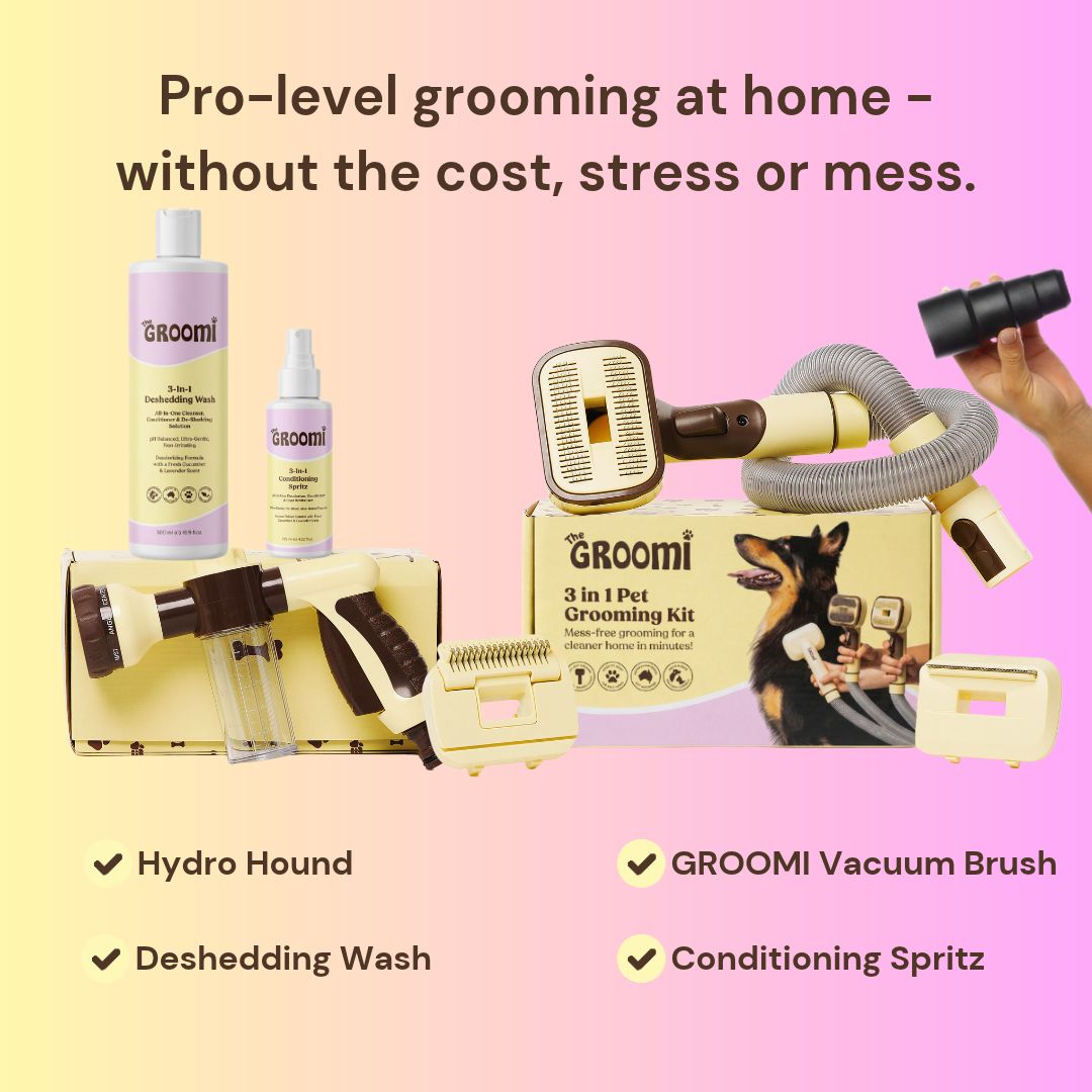 The GROOMI Brush & Bath Bundle: the 3-In-1 Vacuum Pet Brush, Hydro Hound Dog Wash Kit, 3-In-1 Deshedding Wash and Conditioning Spritz. A complete at-home dog grooming kit that brushes loose fur straight into your vacuum, washes with less mess and leaves the coat clean, soft and fresh.