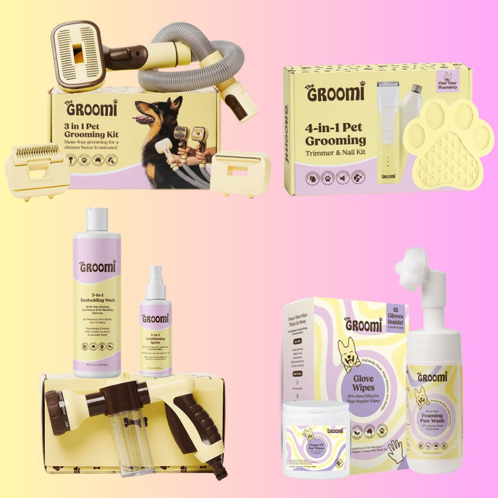 The Ultimate GROOMI Bundle: Vacuum Pet Brush, Hydro Hound Dog Wash Kit, Deshedding Wash, Conditioning Spritz, Glove Wipes, Foaming Paw Wash, Finger Fit Ear Wipes, 4-In-1 Pet Trimmer and Lick Mat. The complete at-home dog grooming kit to brush, bath, wipe, trim and calm, all in one.