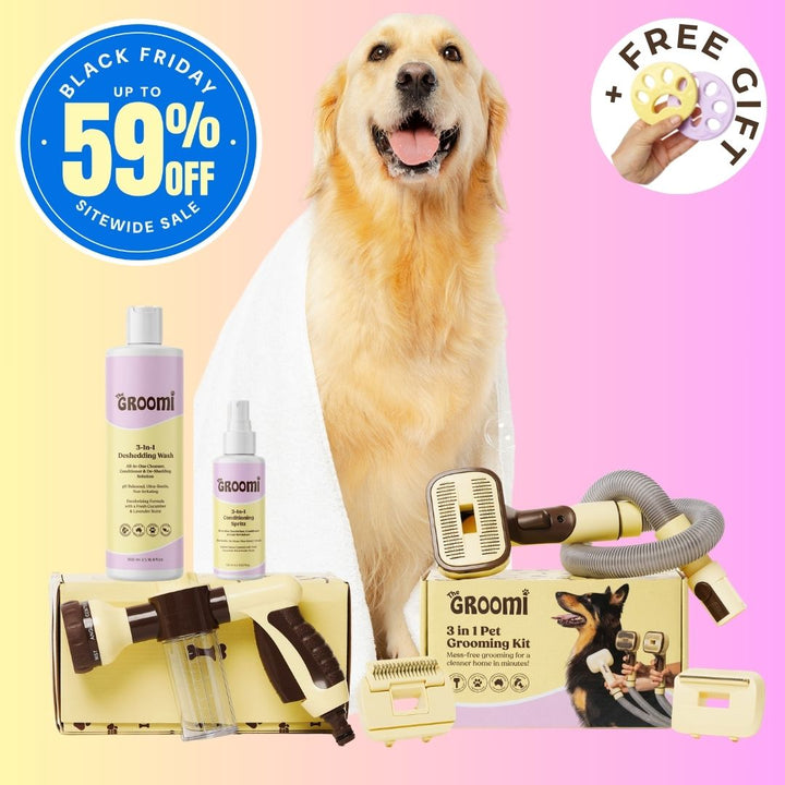 The GROOMI Brush & Bath Bundle: the 3-In-1 Vacuum Pet Brush, Hydro Hound Dog Wash Kit, 3-In-1 Deshedding Wash and Conditioning Spritz. A complete at-home dog grooming kit that brushes loose fur straight into your vacuum, washes with less mess and leaves the coat clean, soft and fresh.