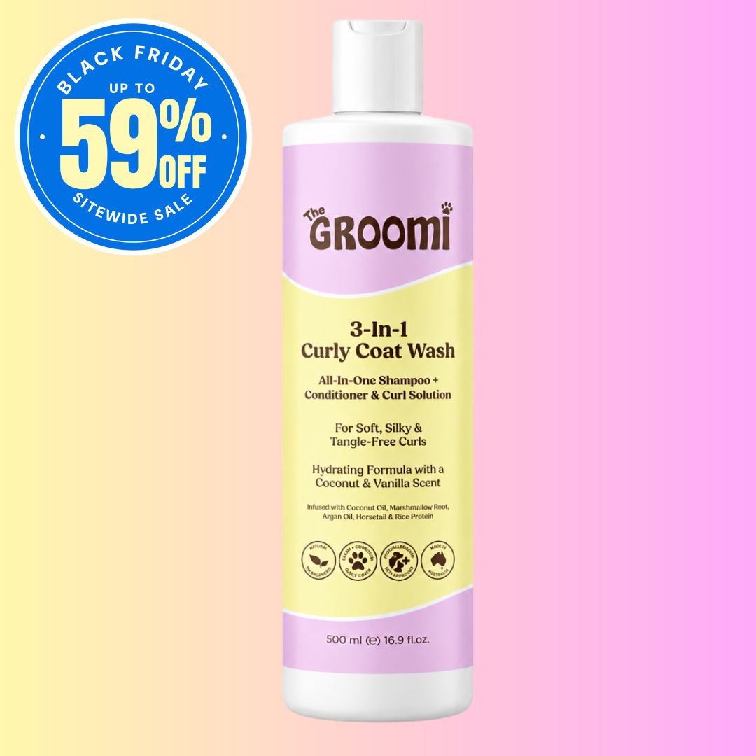 3-In-1 Curly Coat Wash by The GROOMI. All-in-one dog shampoo and conditioner with coconut oil and argan oil that leaves curly coats soft, silky and tangle-free.