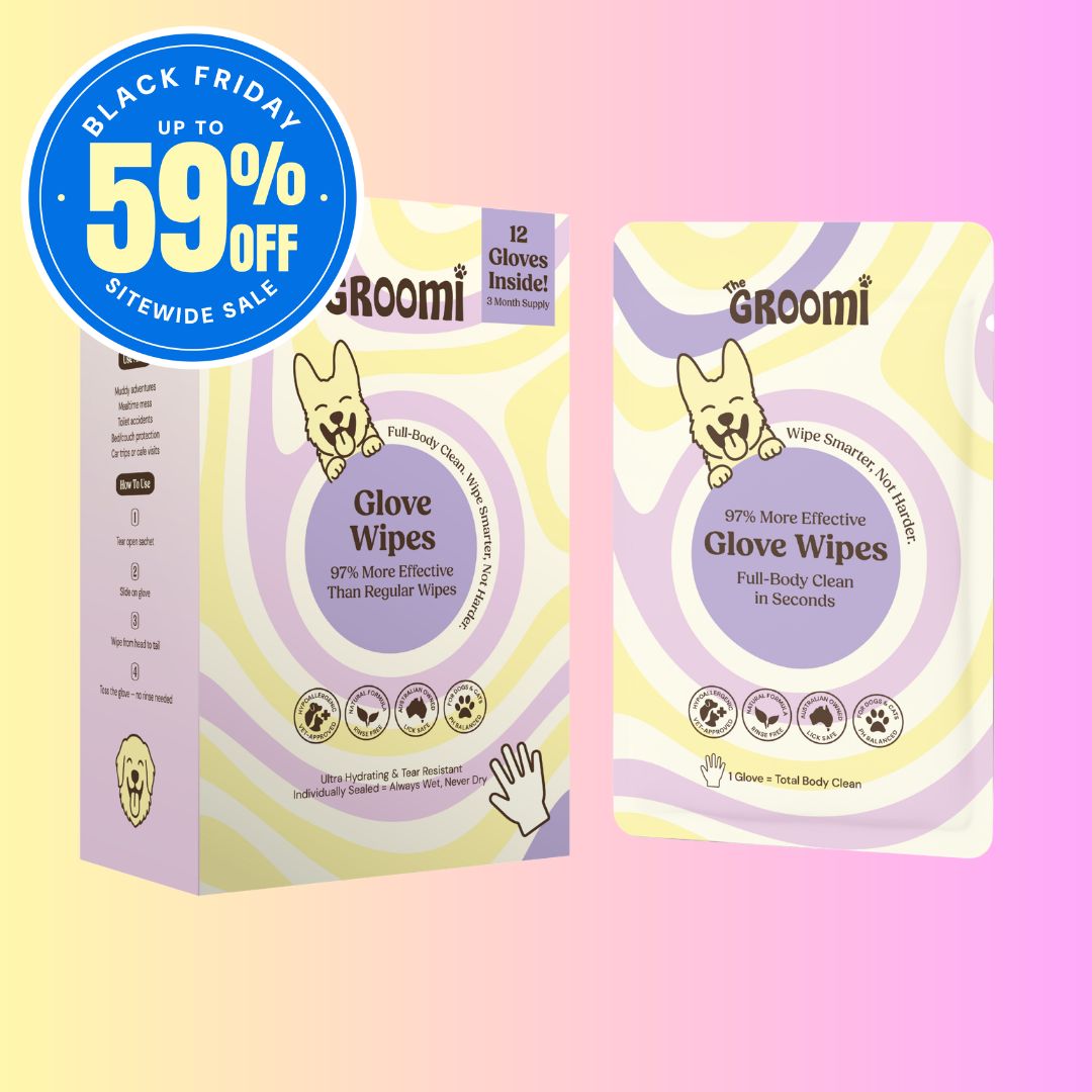 THE GROOMI: Groomi Glove Wipes — glove-shaped pet cleaning wipes, rinse-free full-body clean, removes dirt and odor, durable soft non-tearing, individually sealed, hydrating, hypoallergenic, for dogs & cats, travel friendly, quick cleanup between baths, grooming essentials.