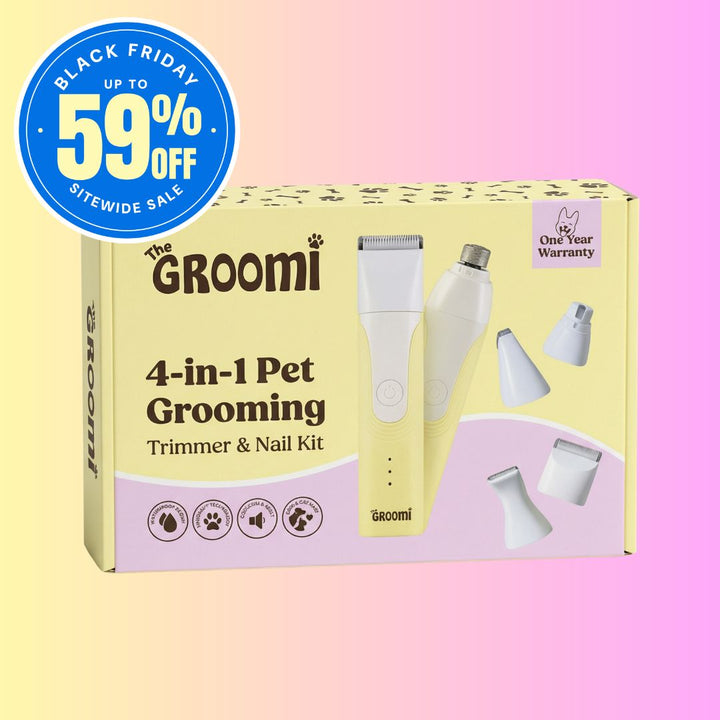 GROOMI 4-in-1 Pet Trimmer & Nail Kit: premium cordless PawSafe grooming tool for dogs and cats with precision heads for paws, body and nails, beginner-friendly design, quiet motor, safe nail guard and stainless-steel ceramic blades for stress-free grooming.