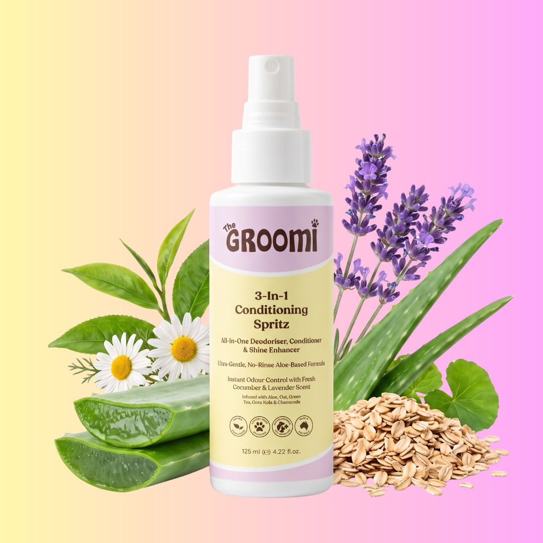 THE GROOMI: 3-in-1 Conditioning Spritz — leave-in pet conditioning spray, detangles, deodorizes, hydrates, reduces static, adds shine, quick freshen-up between baths, hypoallergenic, gentle daily use, safe for dogs & cats, grooming finisher, fresh scent.