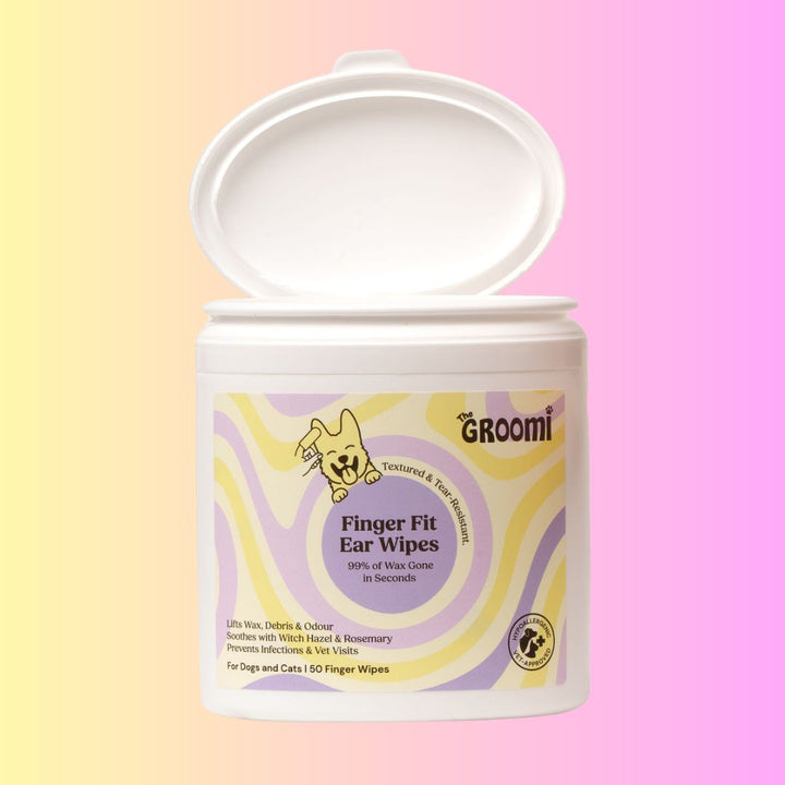 THE GROOMI: GROOMI™ Ear Wipes — dog & cat ear cleaning wipes, finger-shaped textured, removes wax dirt odor, gentle witch hazel rosemary, hypoallergenic, vet-approved, mess-free, 50 pack, prevents infections, pet grooming, sensitive ears, fast easy at-home care.