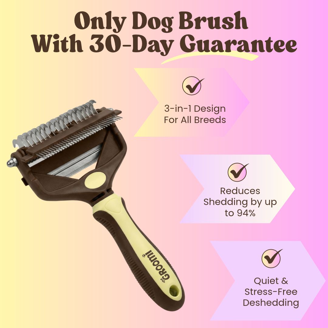 The GROOMI 3-In-1 Pet Brush, a manual dog and cat grooming brush with de-shed, dual rake and pin comb heads. It removes loose undercoat, detangles and cuts shedding on short, long, double and curly coats. Quiet, no vacuum needed, and gentle for nervous pets.