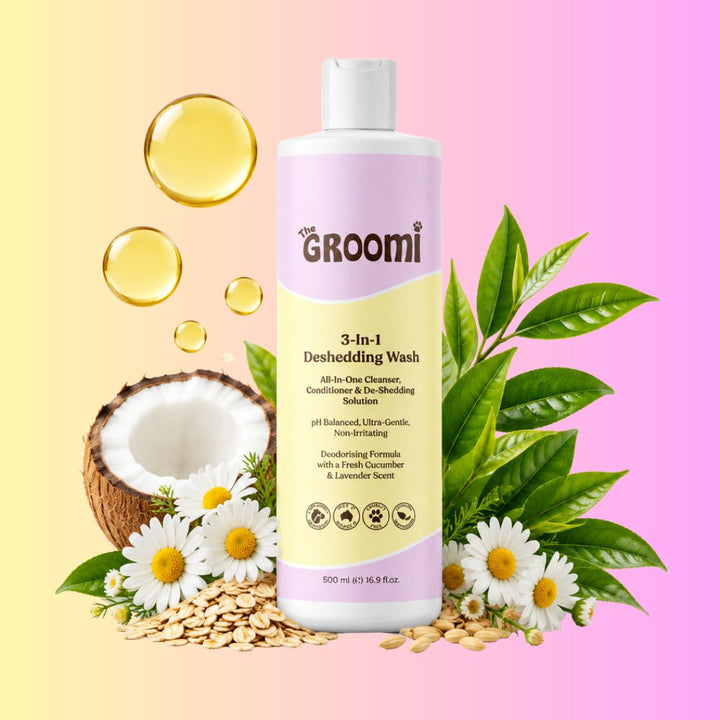 The GROOMI 3-In-1 Deshedding Wash, a 500ml dog shampoo that cleans, conditions and helps reduce shedding in one wash. pH balanced, ultra gentle and non-irritating, with a deodorising cucumber and lavender scent. Leaves coats soft, shiny and fresh.