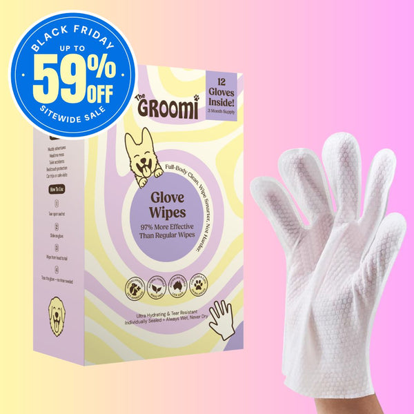 THE GROOMI: Groomi Glove Wipes — glove-shaped pet cleaning wipes, rinse-free full-body clean, removes dirt and odor, durable soft non-tearing, individually sealed, hydrating, hypoallergenic, for dogs & cats, travel friendly, quick cleanup between baths, grooming essentials.