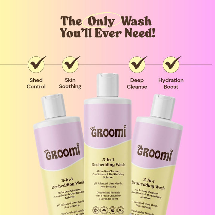 The GROOMI 3-In-1 Deshedding Wash, a 500ml dog shampoo that cleans, conditions and helps reduce shedding in one wash. pH balanced, ultra gentle and non-irritating, with a deodorising cucumber and lavender scent. Leaves coats soft, shiny and fresh.