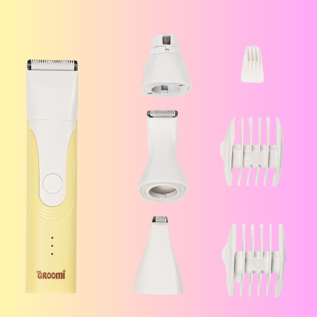 GROOMI 4-in-1 Pet Trimmer & Nail Kit: premium cordless PawSafe grooming tool for dogs and cats with precision heads for paws, body and nails, beginner-friendly design, quiet motor, safe nail guard and stainless-steel ceramic blades for stress-free grooming.