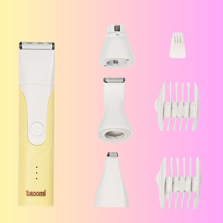 GROOMI 4-in-1 Pet Trimmer & Nail Kit: premium cordless PawSafe grooming tool for dogs and cats with precision heads for paws, body and nails, beginner-friendly design, quiet motor, safe nail guard and stainless-steel ceramic blades for stress-free grooming.