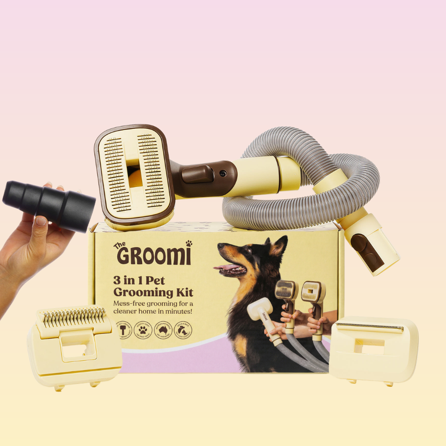 THE GROOMI: GROOMI 3-in-1 Vacuum Pet Brush Kit — self-cleaning dog grooming brush, slicker rake deshed heads, fits any vacuum up to 45mm, removes loose fur, mess-free de-shedding, for short medium long coats, reduces shedding allergies, at-home grooming tool.