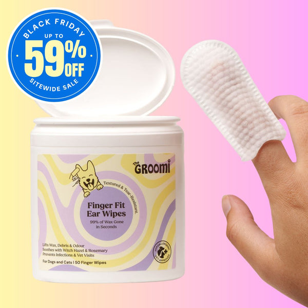 THE GROOMI: GROOMI™ Ear Wipes — dog & cat ear cleaning wipes, finger-shaped textured, removes wax dirt odor, gentle witch hazel rosemary, hypoallergenic, vet-approved, mess-free, 50 pack, prevents infections, pet grooming, sensitive ears, fast easy at-home care.