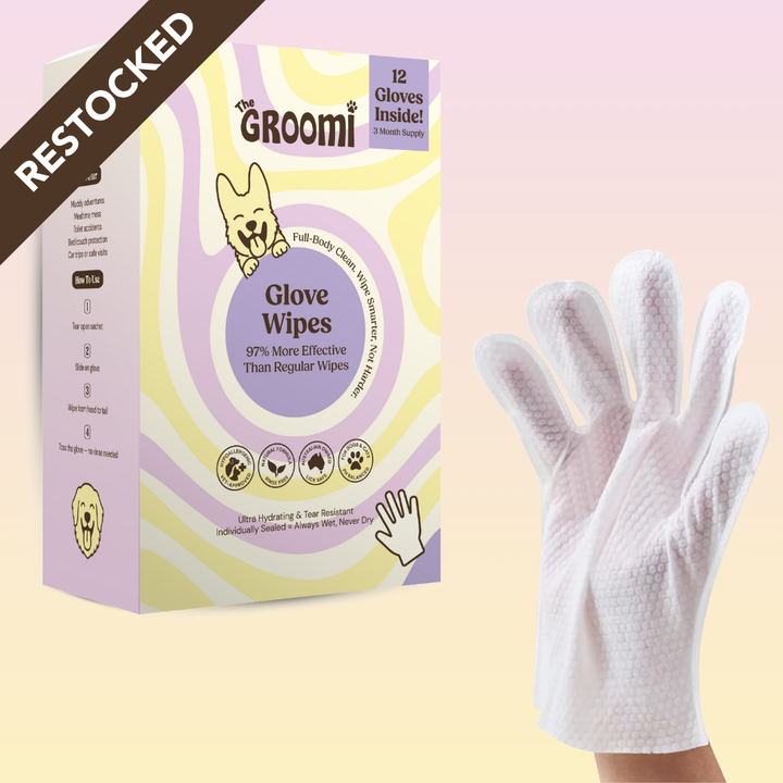 THE GROOMI: Groomi Glove Wipes — glove-shaped pet cleaning wipes, rinse-free full-body clean, removes dirt and odor, durable soft non-tearing, individually sealed, hydrating, hypoallergenic, for dogs & cats, travel friendly, quick cleanup between baths, grooming essentials.