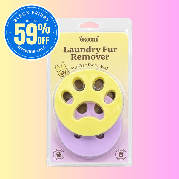 THE GROOMI: Laundry Fur Remover — reusable pet hair remover for laundry, washer/dryer safe, removes fur, hair, lint, dander; non-toxic, hypoallergenic; two-pack; 1000+ uses; keeps clothes and bedding fur-free. 