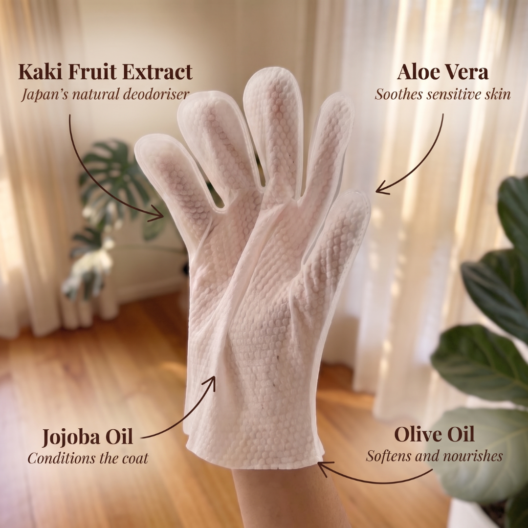 THE GROOMI: Groomi Glove Wipes — glove-shaped pet cleaning wipes, rinse-free full-body clean, removes dirt and odor, durable soft non-tearing, individually sealed, hydrating, hypoallergenic, for dogs & cats, travel friendly, quick cleanup between baths, grooming essentials.
