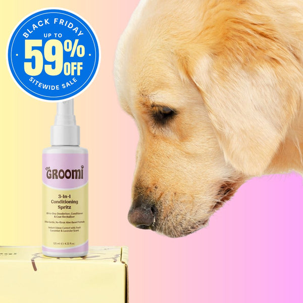 THE GROOMI: 3-in-1 Conditioning Spritz — leave-in pet conditioning spray, detangles, deodorizes, hydrates, reduces static, adds shine, quick freshen-up between baths, hypoallergenic, gentle daily use, safe for dogs & cats, grooming finisher, fresh scent.