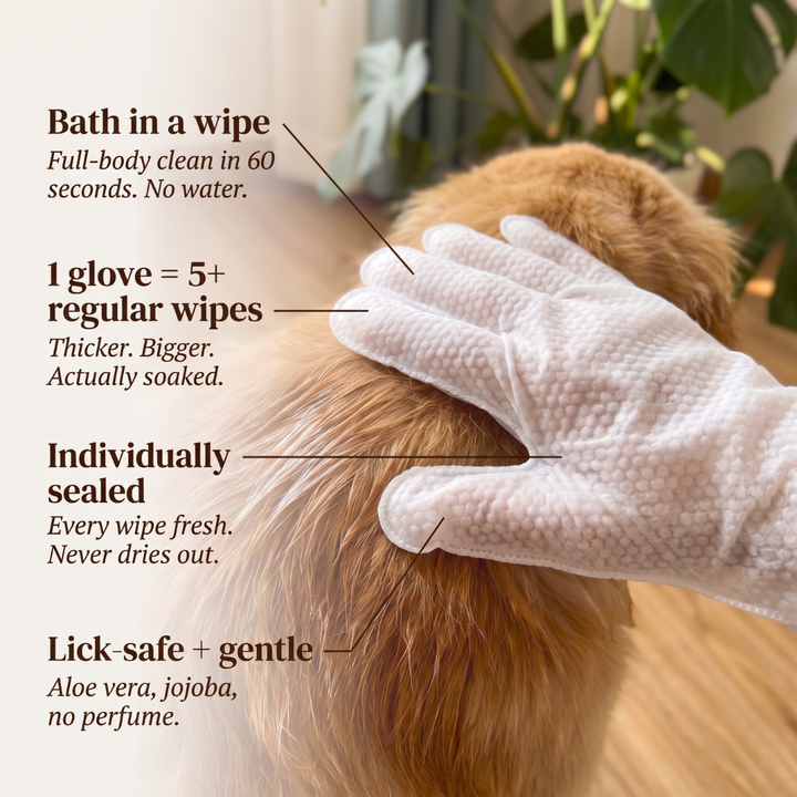 THE GROOMI: Groomi Glove Wipes — glove-shaped pet cleaning wipes, rinse-free full-body clean, removes dirt and odor, durable soft non-tearing, individually sealed, hydrating, hypoallergenic, for dogs & cats, travel friendly, quick cleanup between baths, grooming essentials.