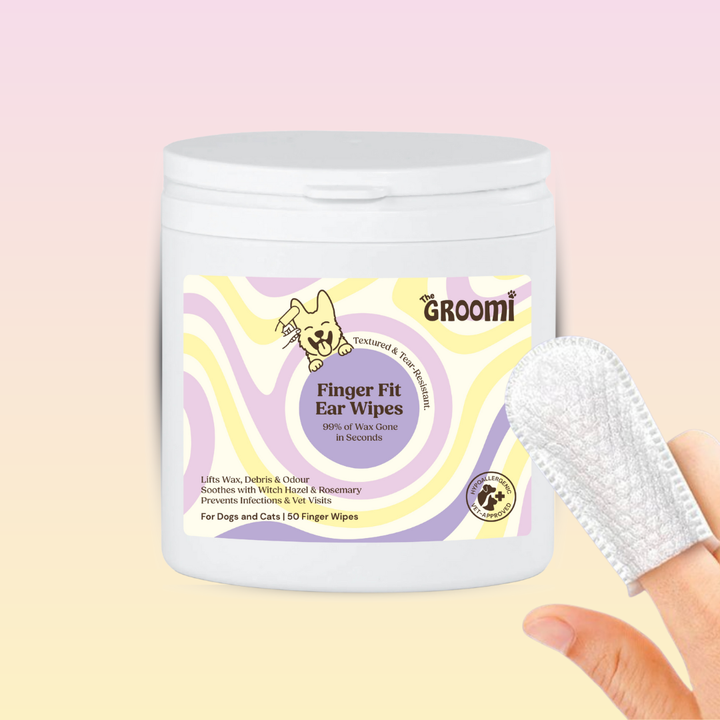 THE GROOMI: GROOMI™ Ear Wipes — dog & cat ear cleaning wipes, finger-shaped textured, removes wax dirt odor, gentle witch hazel rosemary, hypoallergenic, vet-approved, mess-free, 50 pack, prevents infections, pet grooming, sensitive ears, fast easy at-home care.
