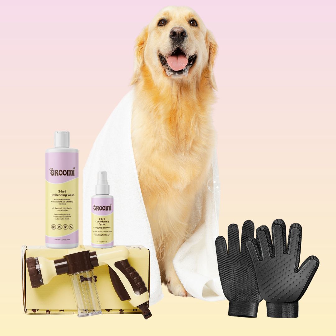 THE GROOMI: Bath Bundle — dog bathing kit, Hydro Hound hose sprayer, deshedding wash shampoo, grooming gloves, fast mess-free clean, removes dirt and loose fur, all breeds, at-home grooming, hypoallergenic formula, easy bath routine, saves time.