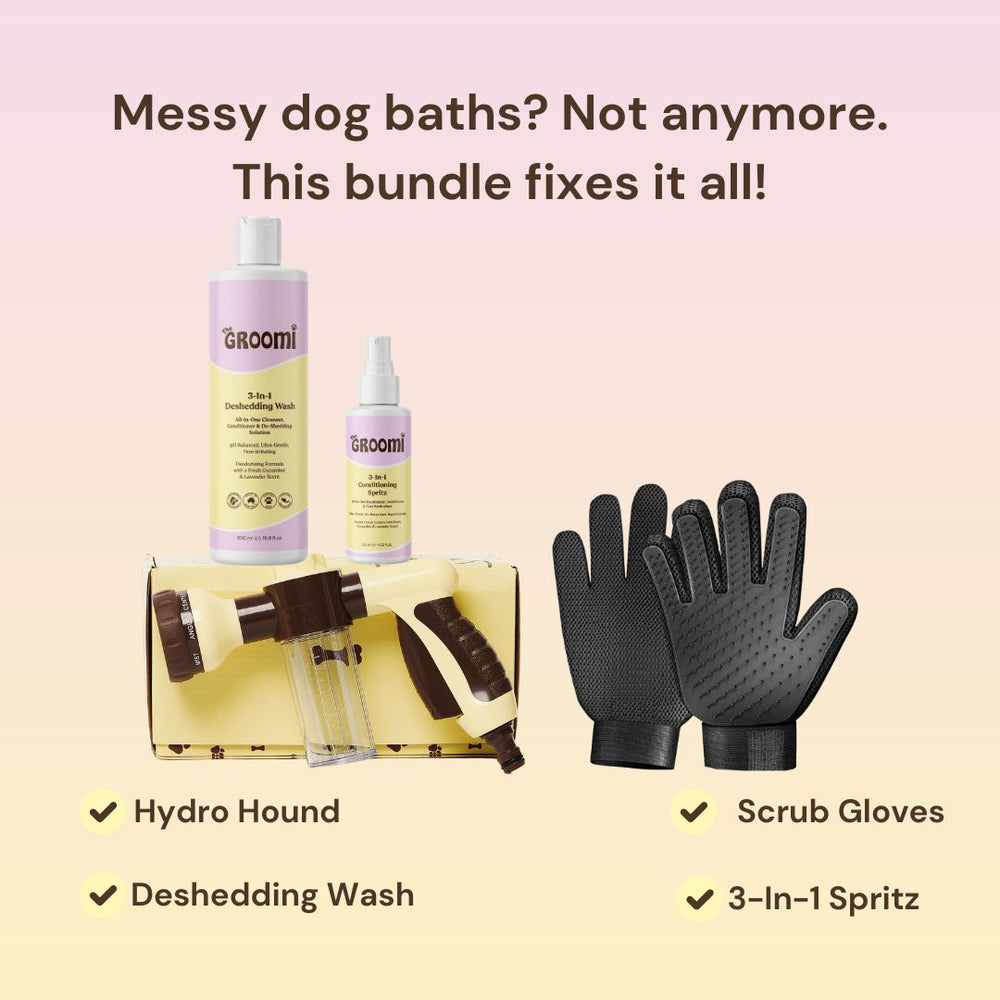 THE GROOMI: Bath Bundle — dog bathing kit, Hydro Hound hose sprayer, deshedding wash shampoo, grooming gloves, fast mess-free clean, removes dirt and loose fur, all breeds, at-home grooming, hypoallergenic formula, easy bath routine, saves time.