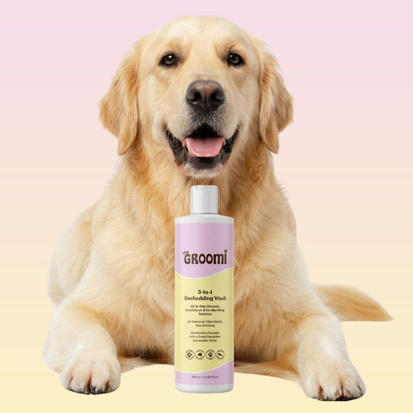 THE GROOMI: Conditioning Wash — dog deshedding shampoo, deep clean, reduces shedding and odor, moisturising, pH-balanced, hypoallergenic, soap-free, fast rinse, for puppies and adult dogs, all coat types, sensitive skin, grooming essential, fresh scent.