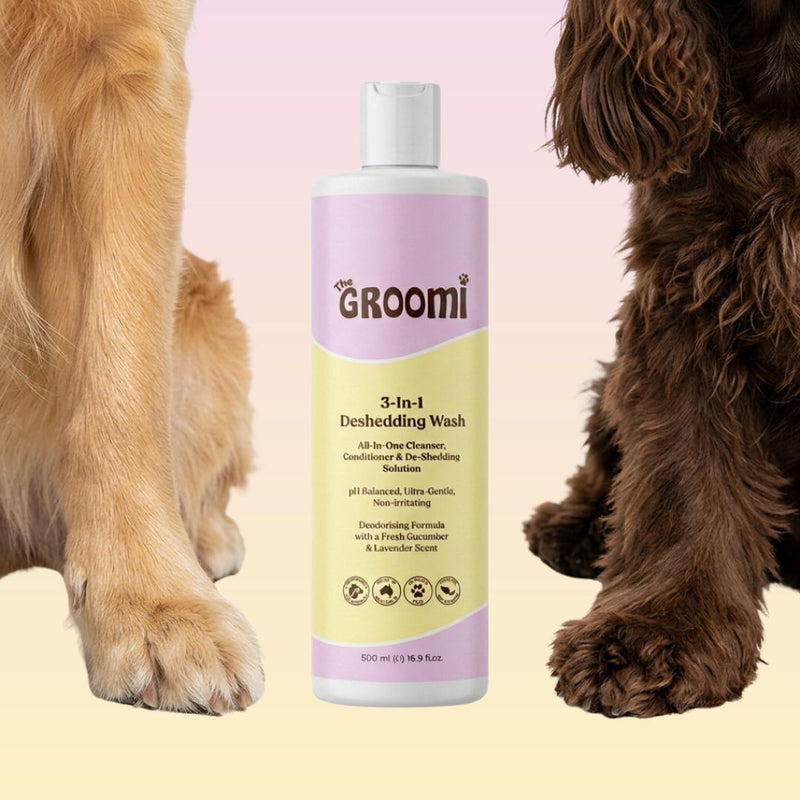 THE GROOMI: Conditioning Wash — dog deshedding shampoo, deep clean, reduces shedding and odor, moisturising, pH-balanced, hypoallergenic, soap-free, fast rinse, for puppies and adult dogs, all coat types, sensitive skin, grooming essential, fresh scent.