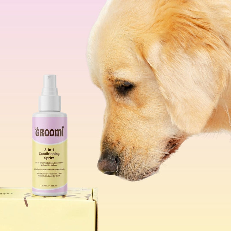 THE GROOMI: 3-in-1 Conditioning Spritz — leave-in pet conditioning spray, detangles, deodorizes, hydrates, reduces static, adds shine, quick freshen-up between baths, hypoallergenic, gentle daily use, safe for dogs & cats, grooming finisher, fresh scent.