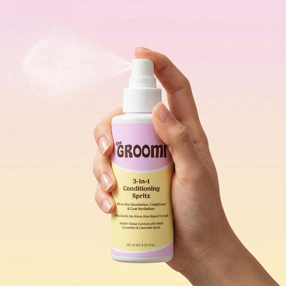 THE GROOMI: 3-in-1 Conditioning Spritz — leave-in pet conditioning spray, detangles, deodorizes, hydrates, reduces static, adds shine, quick freshen-up between baths, hypoallergenic, gentle daily use, safe for dogs & cats, grooming finisher, fresh scent.
