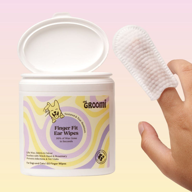 THE GROOMI: GROOMI™ Ear Wipes — dog & cat ear cleaning wipes, finger-shaped textured, removes wax dirt odor, gentle witch hazel rosemary, hypoallergenic, vet-approved, mess-free, 50 pack, prevents infections, pet grooming, sensitive ears, fast easy at-home care.