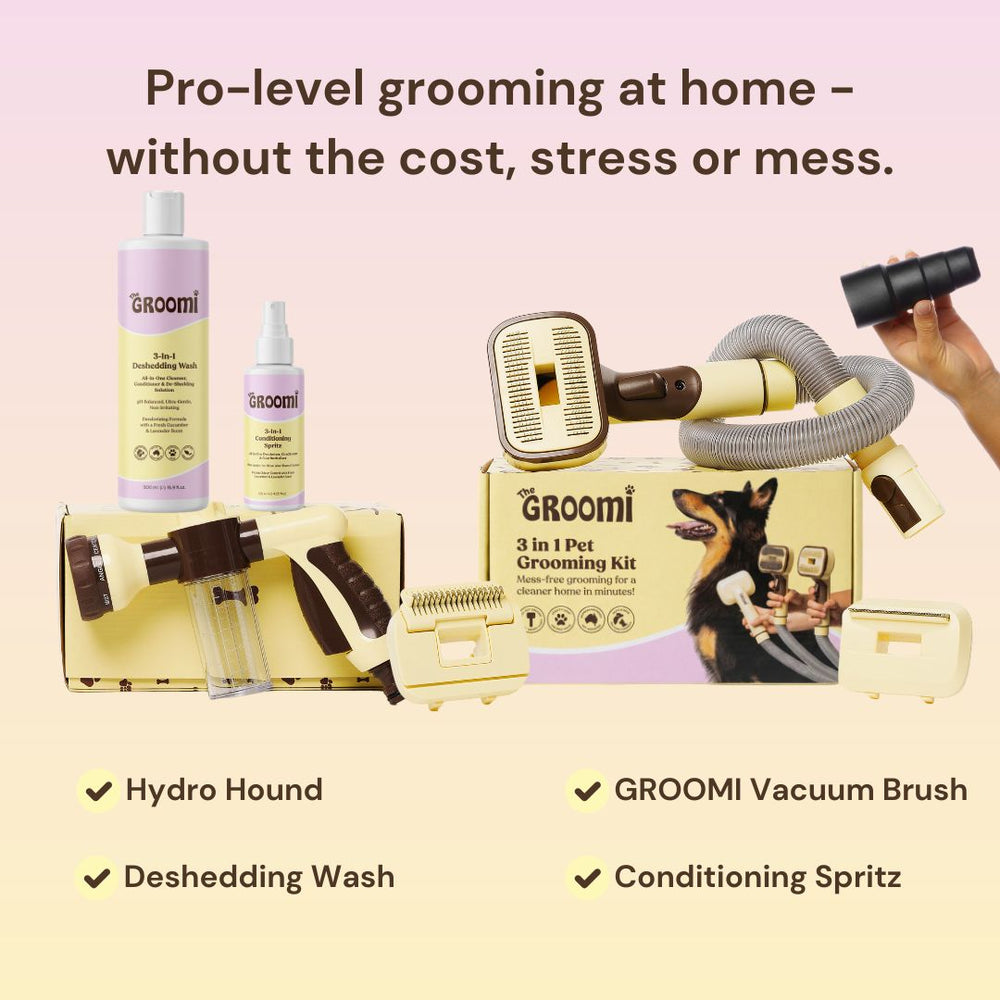 THE GROOMI: Brush & Bath Bundle — 3-in-1 vacuum pet brush + Hydro Hound sprayer + deshedding wash, mess-free grooming, removes loose fur and dirt, self-cleaning brush, fits most vacuums, fast at-home dog bath, hypoallergenic formula, for short medium long coats, reduces shedding and allergens.