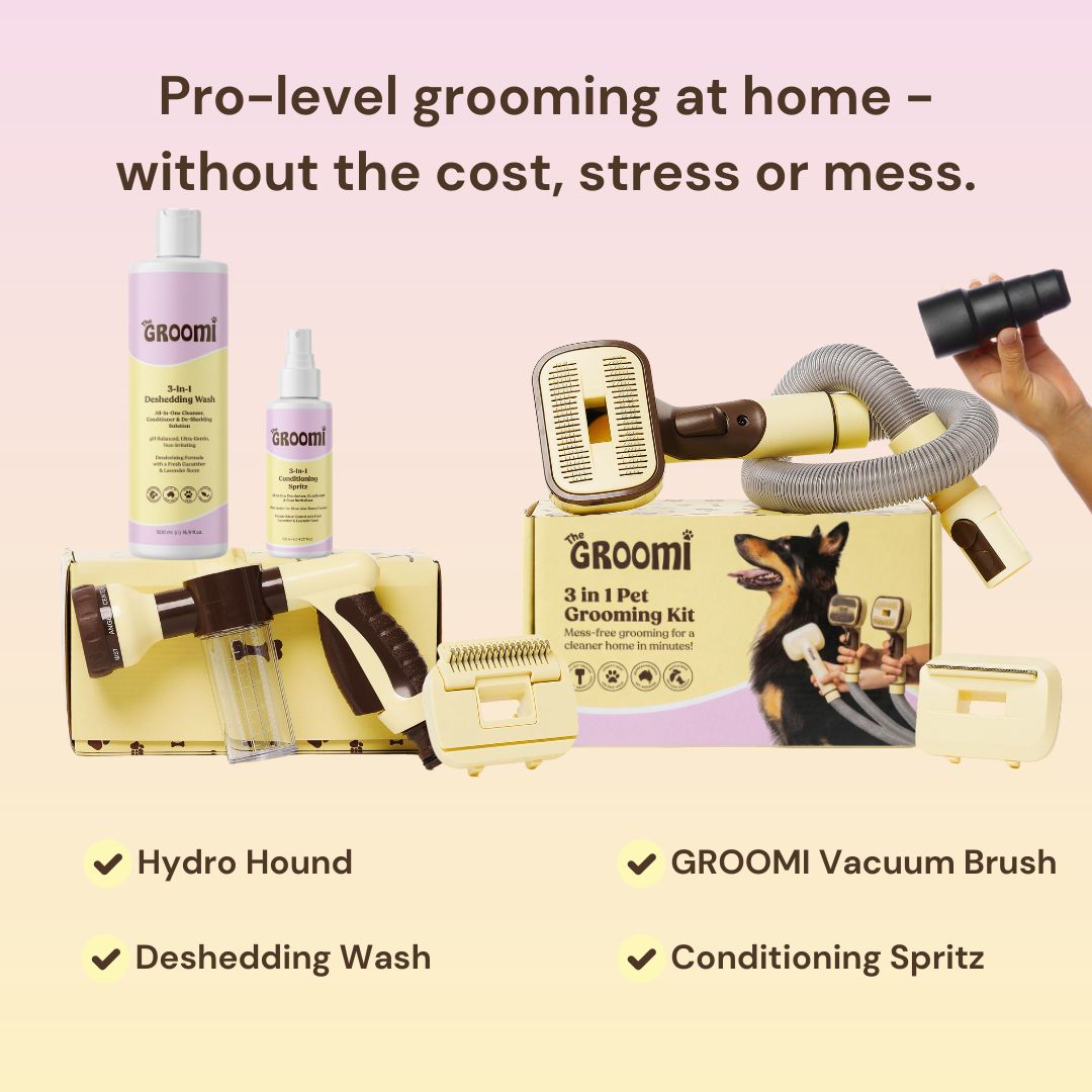 THE GROOMI: Brush & Bath Bundle — 3-in-1 vacuum pet brush + Hydro Hound sprayer + deshedding wash, mess-free grooming, removes loose fur and dirt, self-cleaning brush, fits most vacuums, fast at-home dog bath, hypoallergenic formula, for short medium long coats, reduces shedding and allergens.