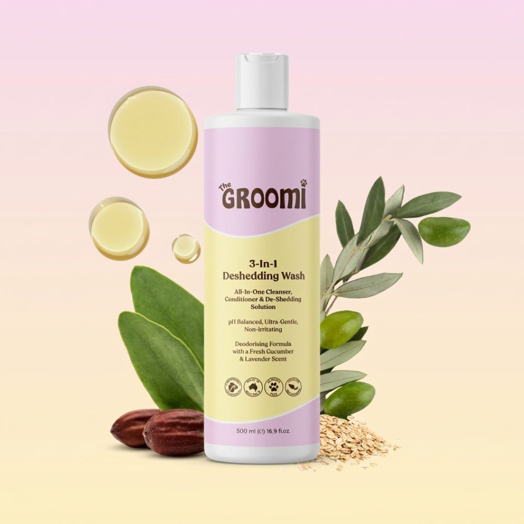 THE GROOMI: Conditioning Wash — dog deshedding shampoo, deep clean, reduces shedding and odor, moisturising, pH-balanced, hypoallergenic, soap-free, fast rinse, for puppies and adult dogs, all coat types, sensitive skin, grooming essential, fresh scent.