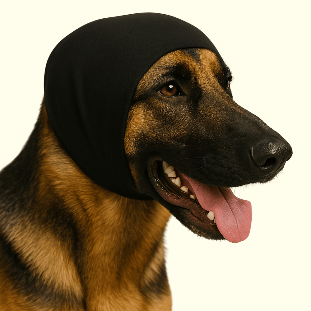 A soft, stretchy dog ear wrap designed to reduce noise from vacuums, dryers, thunder, and grooming tools. Helps soothe anxious dogs and prevent stress during loud moments.
